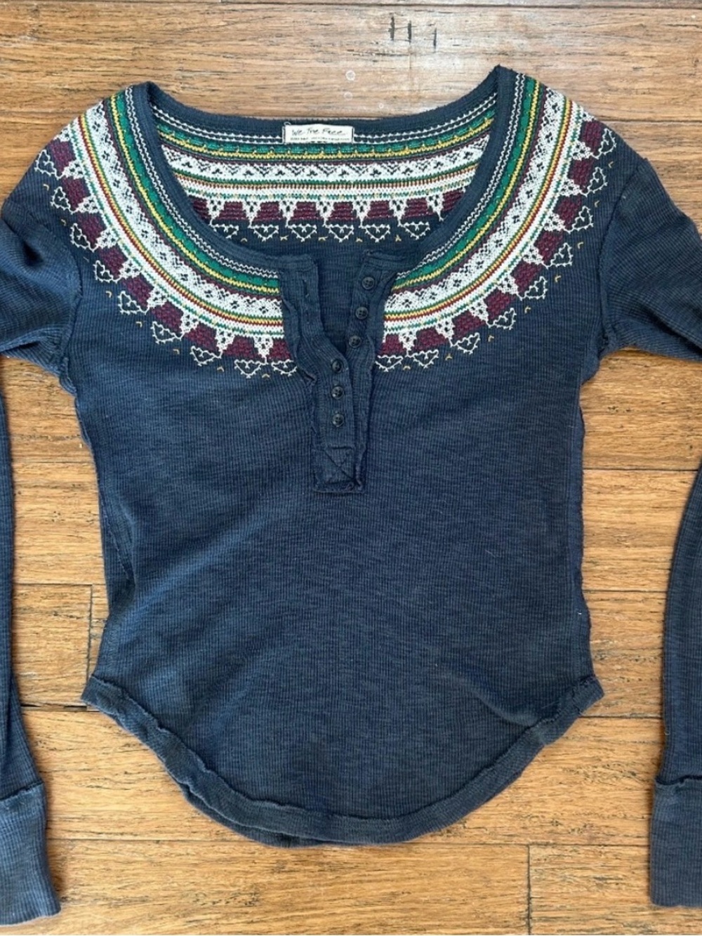 Free People Navy Long Sleeve Henley with Multicolor Fair Isle Yoke